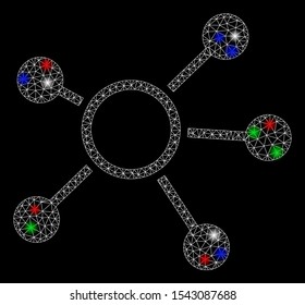 Bright mesh connections with glare effect. White wire frame polygonal mesh in vector format on a black background. Abstract 2d mesh created from polygonal grid, dots, colorful glare spots.