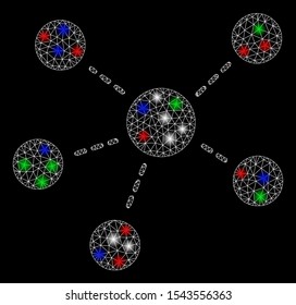 Bright mesh connections with glare effect. White wire carcass polygonal mesh in vector format on a black background. Abstract 2d mesh built from polygonal grid, small circle, colored light spots.