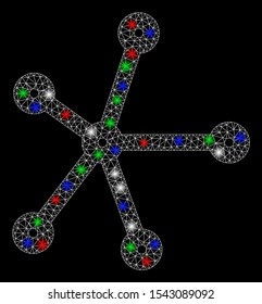 Bright mesh connections with glow effect. White wire frame triangular mesh in vector format on a black background. Abstract 2d mesh designed with triangular lines, points, colorful light spots.