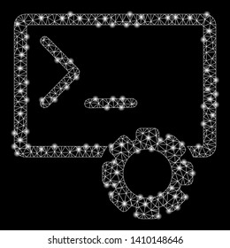 Bright mesh console administration with lightspot effect. Shiny wire carcass triangular mesh in vector format on a black background. Abstract 2d mesh designed with triangular lines, spheric points,