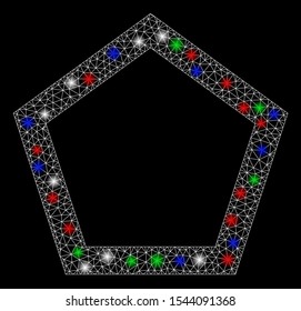 Bright mesh contour pentagon with glare effect. White wire carcass polygonal network in vector format on a black background. Abstract 2d mesh designed with polygonal grid, spheric points,