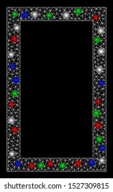 Bright mesh contour rectangle with glare effect. White wire carcass triangular mesh in vector format on a black background. Abstract 2d mesh built from triangular lines, dots, colorful glare spots.