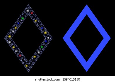 Bright mesh contour rhombus icon with glare effect. Abstract illuminated model of contour rhombus. Shiny wire frame polygonal mesh contour rhombus icon. Vector abstraction on a black background.