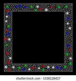 Bright mesh contour square with glare effect. White wire carcass triangular network in vector format on a black background. Abstract 2d mesh designed with triangles, dots, colored glare spots.