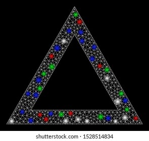 Bright mesh contour triangle with glare effect. White wire carcass polygonal mesh in vector format on a black background. Abstract 2d mesh built from triangles, dots, colorful glare spots.