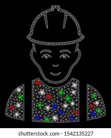 Bright mesh contractor with glare effect. White wire frame triangular mesh in vector format on a black background. Abstract 2d mesh designed with triangles, small circle, colored glare spots.