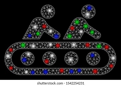 Bright mesh conveyor workers with glare effect. White wire carcass polygonal mesh in vector format on a black background. Abstract 2d mesh created from polygonal grid, spheric points,