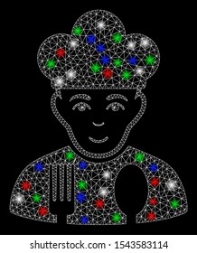 Bright mesh cook with glare effect. White wire frame polygonal mesh in vector format on a black background. Abstract 2d mesh designed with triangular lines, round dots, colored flare spots.