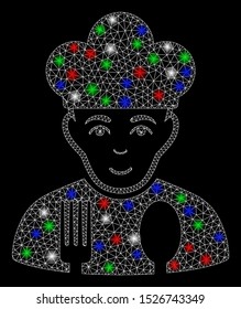 Bright mesh cook with lightspot effect. White wire frame triangular mesh in vector format on a black background. Abstract 2d mesh designed with triangular lines, spheric points, colorful glare spots.
