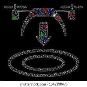 Bright mesh copter arrival with glare effect. White wire frame polygonal mesh in vector format on a black background. Abstract 2d mesh designed with triangular lines, small circle,