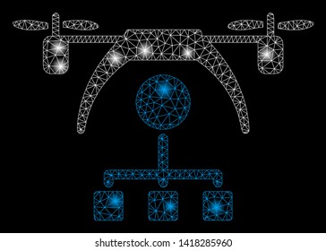 Bright mesh copter distribution scheme with glow effect. Abstract illuminated model of copter distribution scheme icon.