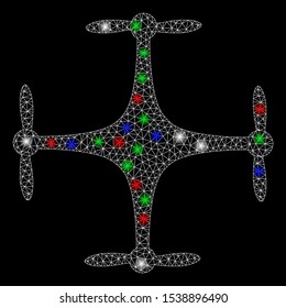 Bright mesh copter with glare effect. White wire carcass polygonal mesh in vector format on a black background. Abstract 2d mesh created from polygonal grid, spheric points, colorful glare spots.