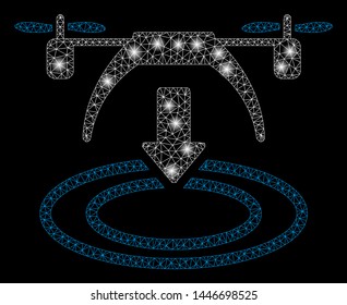Bright mesh copter landing with lightspot effect. Abstract illuminated model of copter landing icon. Shiny wire frame triangular mesh copter landing abstraction in vector format on a black background.