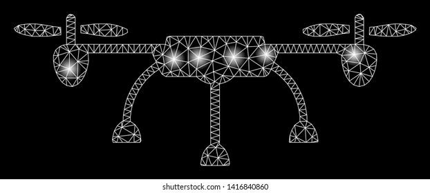 Bright mesh copter with lightspot effect. Abstract illuminated model of copter icon. Shiny wire carcass triangular mesh copter abstraction in vector format on a black background.