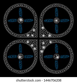 Bright mesh copter with lightspot effect. Abstract illuminated model of copter icon. Shiny wire frame polygonal mesh copter abstraction in vector format on a black background.