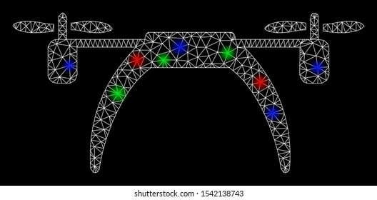 Bright mesh copter with lightspot effect. White wire frame triangular mesh in vector format on a black background. Abstract 2d mesh designed with triangular lines, round dots, colorful light spots.