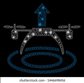 Bright mesh copter start with glare effect. Abstract illuminated model of copter start icon. Shiny wire carcass triangular network copter start abstraction in vector format on a black background.