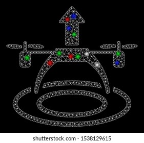 Bright mesh copter start with lightspot effect. White wire frame polygonal mesh in vector format on a black background. Abstract 2d mesh designed with polygonal grid, points, colorful flare spots.