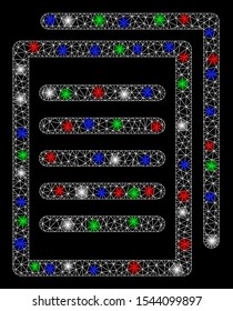 Bright mesh copy with glare effect. White wire frame polygonal mesh in vector format on a black background. Abstract 2d mesh designed with polygonal grid, small circle, colored glare spots.