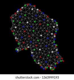 Bright mesh Cordoba Spanish Province map with glare effect. Wire carcass triangular mesh in vector format on a black background. Abstract 2d mesh designed with triangles, spheric points,