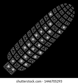 Bright mesh corn ear with glare effect. Abstract illuminated model of corn ear icon. Shiny wire carcass triangular mesh corn ear abstraction in vector format on a black background.