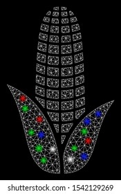 Bright mesh corn with glow effect. White wire carcass triangular mesh in vector format on a black background. Abstract 2d mesh created from triangular lines, dots, colored flash spots.