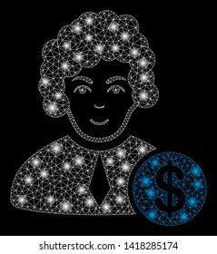 Bright mesh corrupt judge with glare effect. Abstract illuminated model of corrupt judge icon. Shiny wire carcass polygonal mesh corrupt judge abstraction in vector format on a black background.