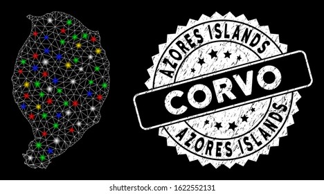 Bright mesh Corvo Island map with lightspot effect, and seal. Wire frame triangular Corvo Island map mesh in vector format on a black background. White round rubber seal with grunge textures.