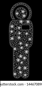 Bright mesh cosmonaut with glare effect. Abstract illuminated model of cosmonaut icon. Shiny wire carcass triangular mesh cosmonaut abstraction in vector format on a black background.