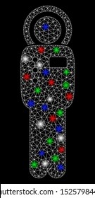 Bright mesh cosmonaut with glow effect. White wire frame polygonal mesh in vector format on a black background. Abstract 2d mesh built from polygonal grid, spheric points, colored flash spots.