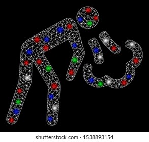 Bright mesh cough with glare effect. White wire carcass polygonal mesh in vector format on a black background. Abstract 2d mesh designed with polygonal grid, round dots, colored flare spots.