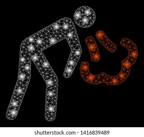 Bright mesh cough with lightspot effect. Abstract illuminated model of cough icon. Shiny wire frame triangular mesh cough abstraction in vector format on a black background.