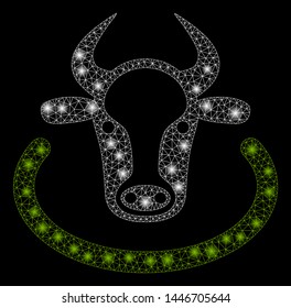 Bright mesh cow area with lightspot effect. Abstract illuminated model of cow area icon. Shiny wire carcass triangular mesh cow area abstraction in vector format on a black background.