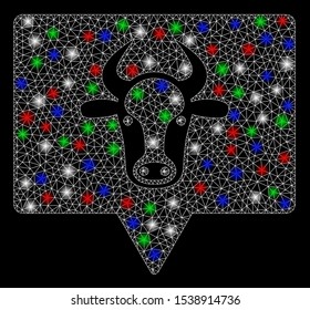 Bright mesh cow banner with glare effect. White wire carcass polygonal mesh in vector format on a black background. Abstract 2d mesh designed with polygonal grid, small circle, colored flare spots.