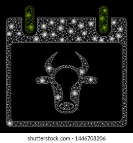 Bright mesh cow calendar page with glare effect. Abstract illuminated model of cow calendar page icon.