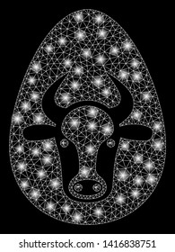 Bright mesh cow egg with glare effect. Abstract illuminated model of cow egg icon. Shiny wire frame polygonal mesh cow egg abstraction in vector format on a black background.