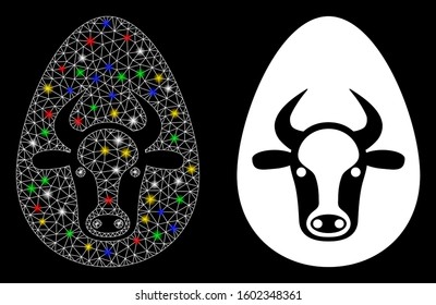 Bright mesh cow egg icon with lightspot effect. Abstract illuminated model of cow egg. Shiny wire carcass polygonal mesh cow egg icon. Vector abstraction on a black background.