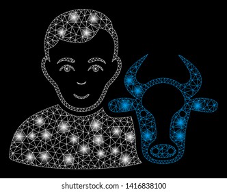 Bright mesh cow farmer with glare effect. Abstract illuminated model of cow farmer icon. Shiny wire frame triangular mesh cow farmer abstraction in vector format on a black background.