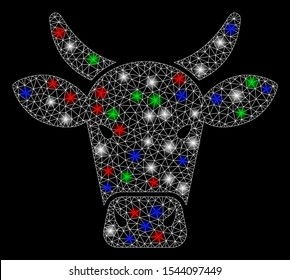 Bright mesh cow with glow effect. White wire frame triangular mesh in vector format on a black background. Abstract 2d mesh designed with polygonal grid, dots, colorful glare spots.