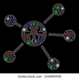 Bright mesh cow links with lightspot effect. White wire carcass polygonal mesh in vector format on a black background. Abstract 2d mesh designed with triangles, round dots, colorful light spots.