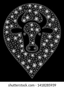 Bright mesh cow map marker with glow effect. Abstract illuminated model of cow map marker icon. Shiny wire frame polygonal mesh cow map marker abstraction in vector format on a black background.