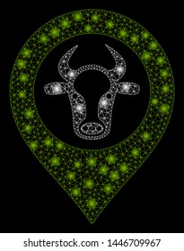 Bright mesh cow map marker with glare effect. Abstract illuminated model of cow map marker icon. Shiny wire frame polygonal mesh cow map marker abstraction in vector format on a black background.