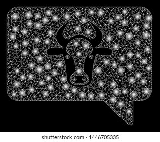 Bright mesh cow message with glare effect. Abstract illuminated model of cow message icon. Shiny wire carcass triangular mesh cow message abstraction in vector format on a black background.
