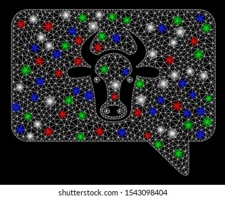 Bright mesh cow message with glare effect. White wire frame polygonal network in vector format on a black background. Abstract 2d mesh designed with polygonal grid, dots, colored light spots.