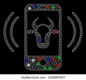 Bright mesh cow mobile control with lightspot effect. White wire frame polygonal mesh in vector format on a black background. Abstract 2d mesh designed with triangular lines, spheric points,