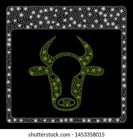 Bright mesh cow page with glare effect. Abstract illuminated model of cow page icon. Shiny wire frame polygonal network cow page abstraction in vector format on a black background.