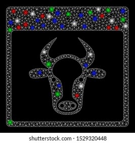 Bright mesh cow page with glare effect. White wire carcass triangular network in vector format on a black background. Abstract 2d mesh built from triangular lines, round dots, colored glare spots.