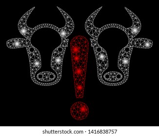 Bright mesh cow problem with glow effect. Abstract illuminated model of cow problem icon. Shiny wire carcass triangular mesh cow problem abstraction in vector format on a black background.