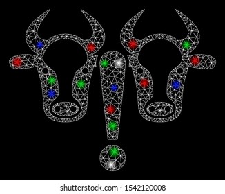 Bright mesh cow problem with glow effect. White wire frame polygonal mesh in vector format on a black background. Abstract 2d mesh designed with triangles, dots, colorful light spots.