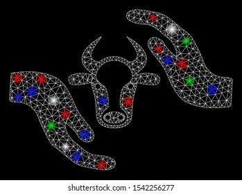 Bright mesh cow protection hands with glow effect. White wire carcass triangular mesh in vector format on a black background. Abstract 2d mesh designed with triangular lines, round dots,